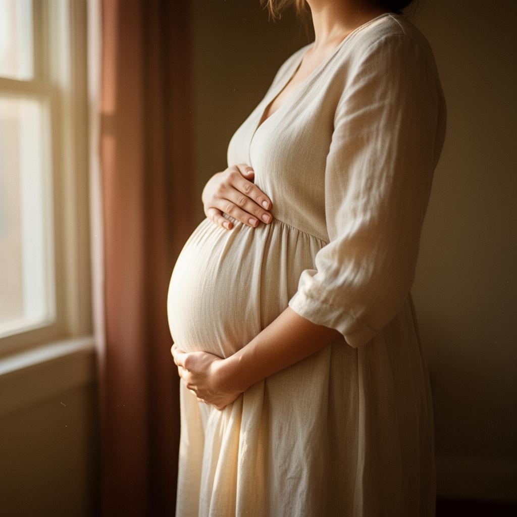 Gestante de perfil em luz natural quente, mãos repousadas sobre o ventre